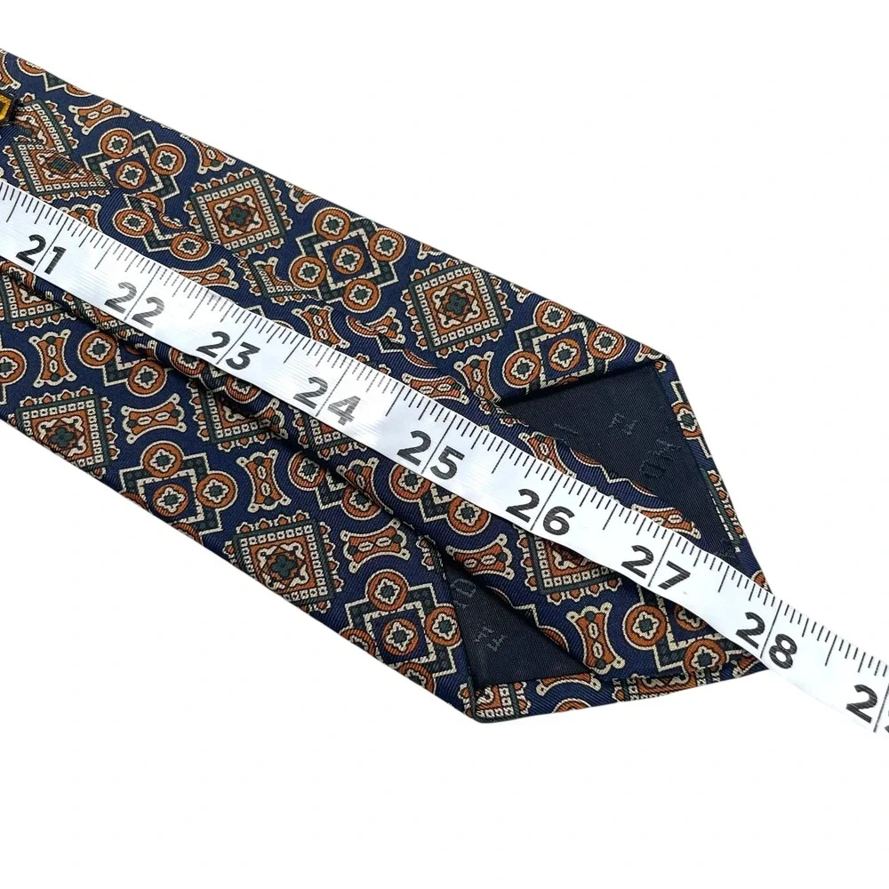 FENDI Cravatte Mens Silk Tie Navy Blue Orange Geometric Medallion Made in Italy‎